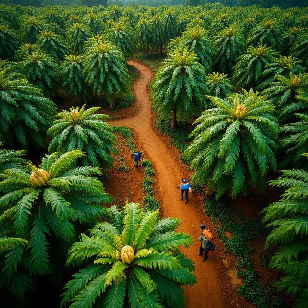 Lush green cocoa farm in Ghana with farmers