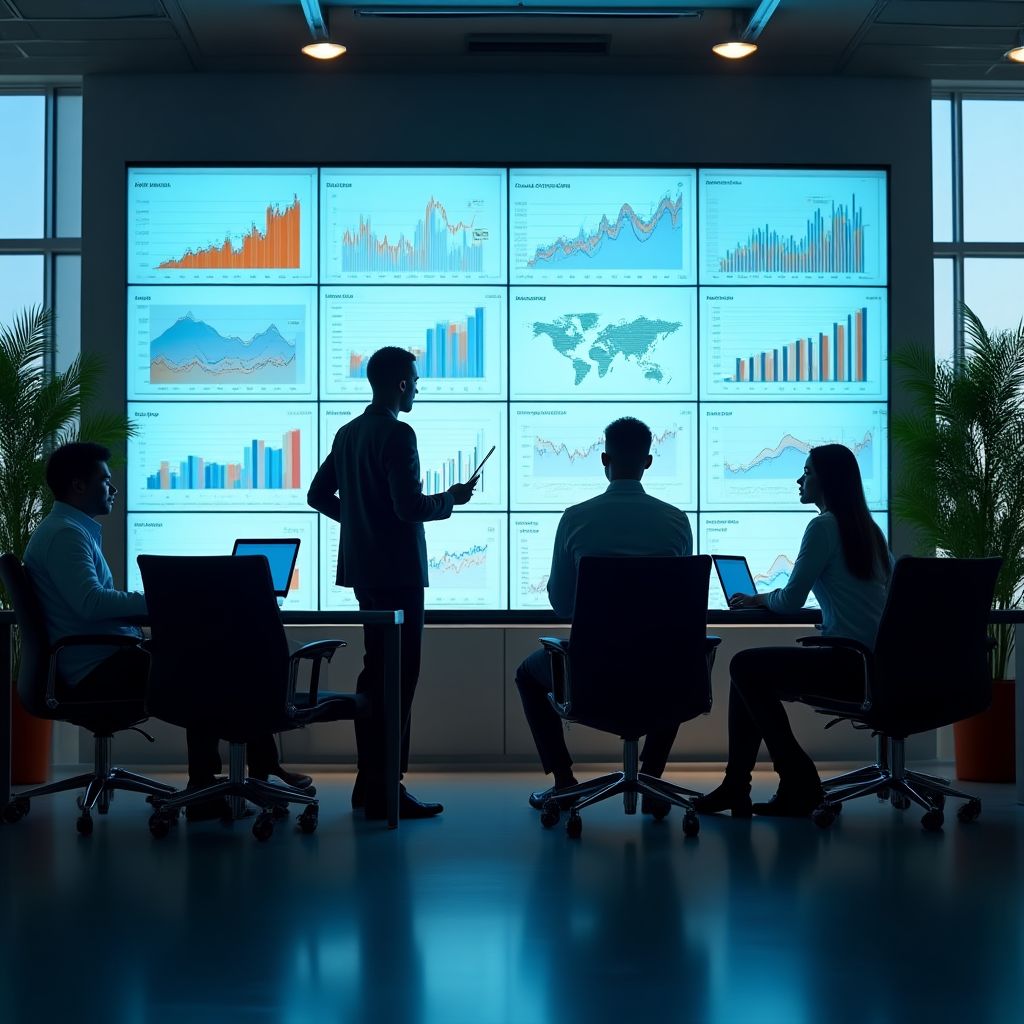Modern office with team members working on financial data visualizations.